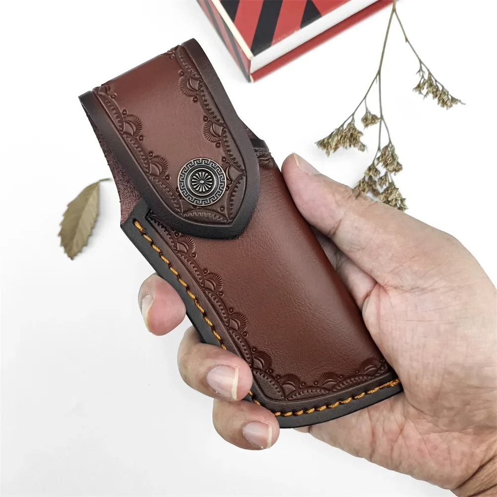 Edc Carry Belt Leather - ブラウンエンボス加工レザー製ナイフカバー、本革製ナイフシース、EDCポケットナイフ用ポータブルベルトキャリーシース