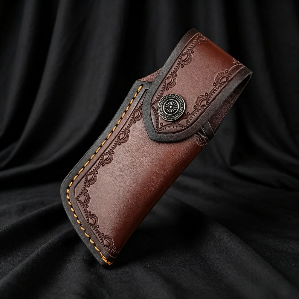 コレクタブルエンボス加工本革製ナイフシース ブラウンステッチ - Leather Edc. Carry Pouch のレビューと価格
